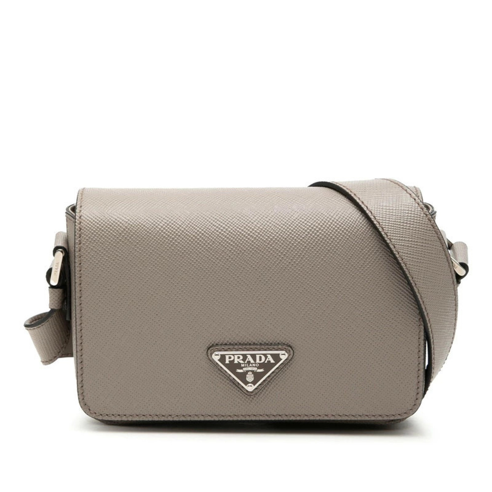 Prada Triangle Plate Crossbody Bag Greige Gray Saffiano Leather